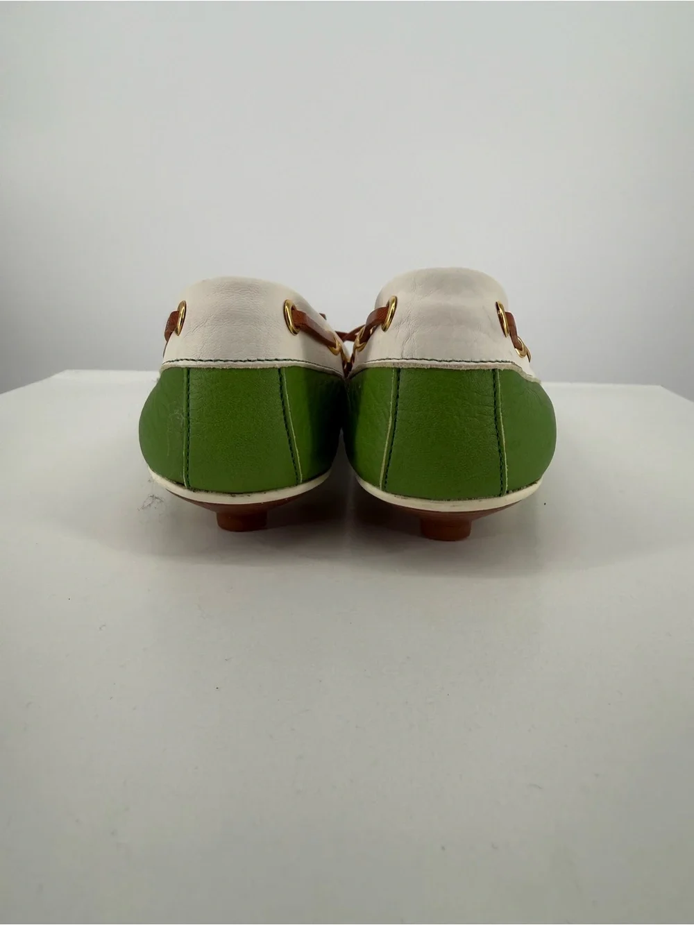 Coach Green and White Leather Boat Loafers with Tan Laces